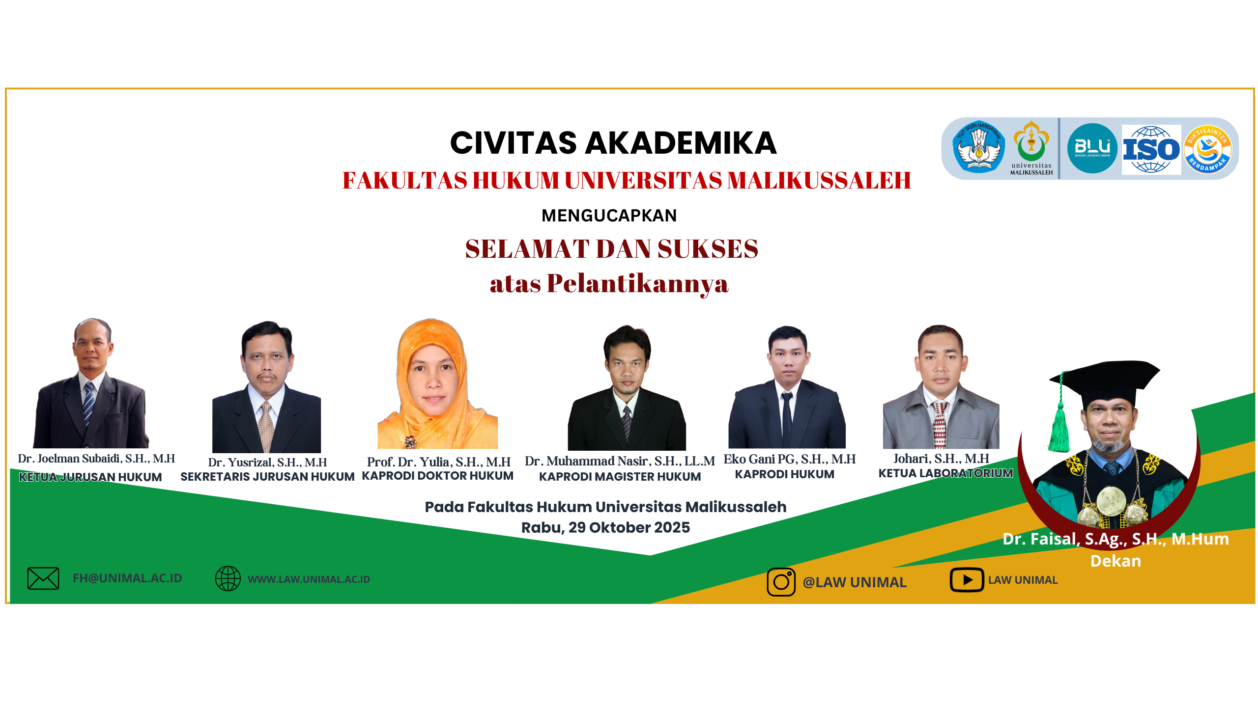 Civitas Akademika Fakultas Hukum Universitas Malikussaleh Sampaikan Ucapan Selamat atas Pelantikan Pejabat Struktural Baru